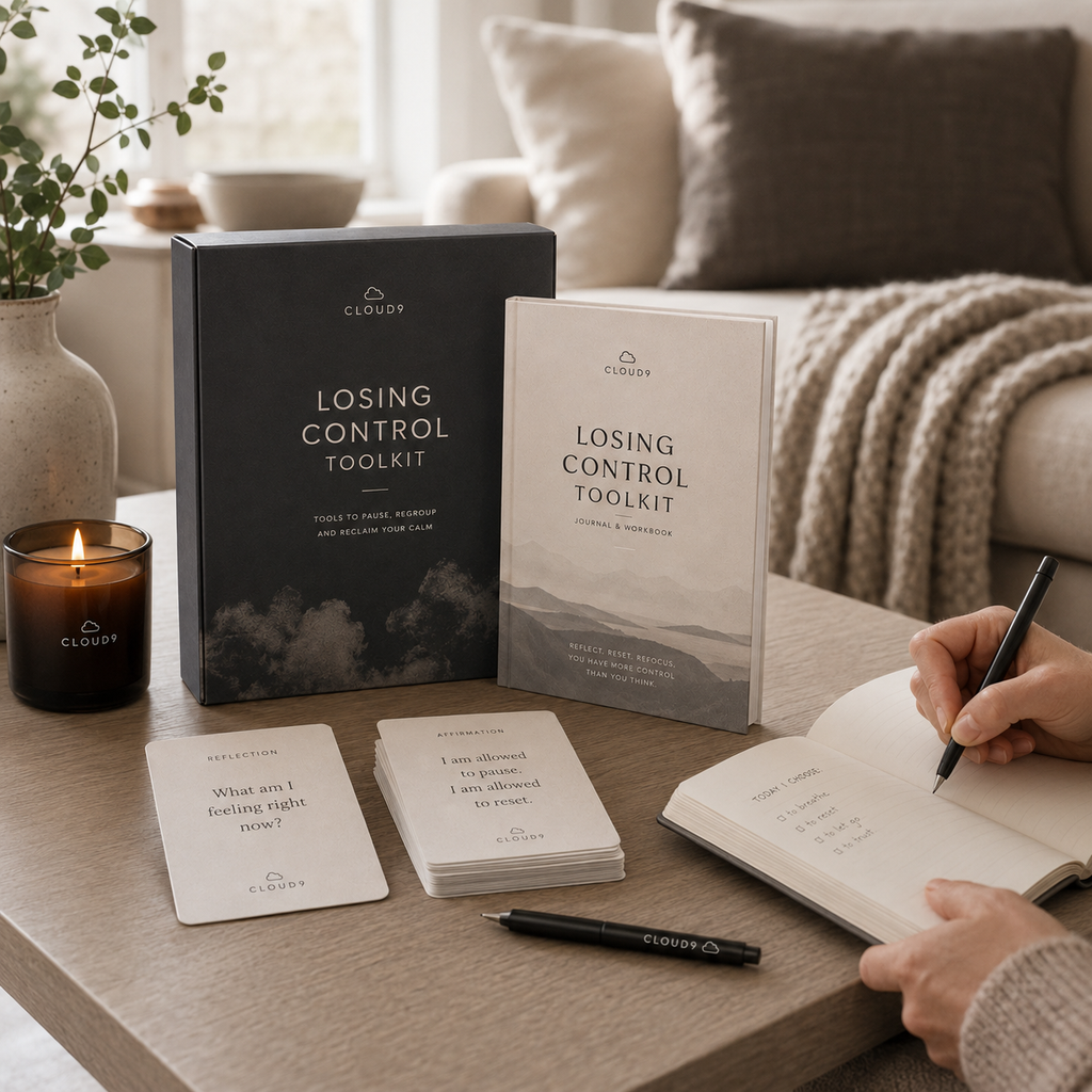 Losing Control Toolkit on a table with a person writing in a notebook, candle, and plant in a cozy living room.