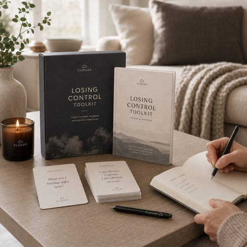 Losing Control Toolkit on a table with a person writing in a notebook, candle, and plant in a cozy living room.