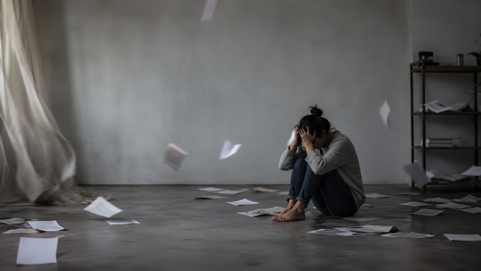 Person sitting on the floor with papers scattered around, appearing distressed.